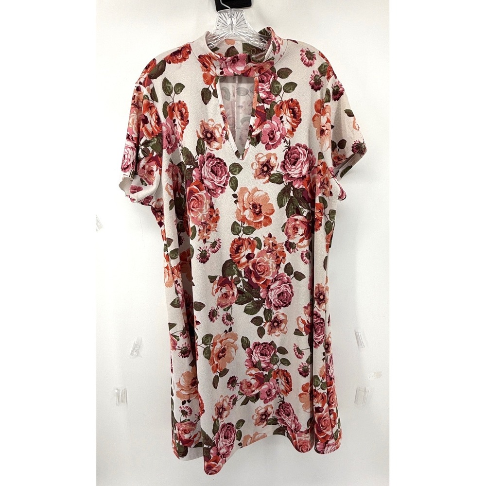 Urban Rose Floral Mini Dress Pink Orange Short Sleeve Keyhole Mock Neck USA Made